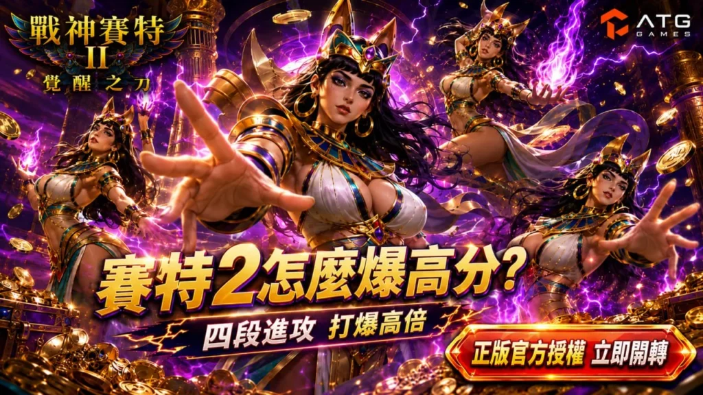 ATG賽特2怎麼爆高分宣傳圖，展示女賽特技能、高倍率爆分、四段進攻法與戰神賽特2玩法特色。